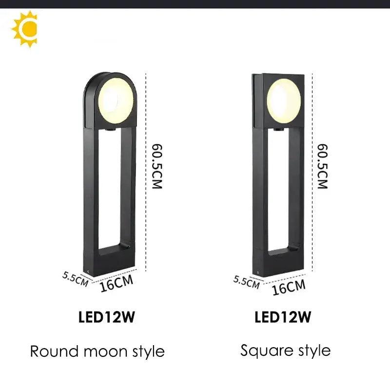 DecorBites LED Path Light 12W aluminum pillar; two styles: round moon and square outdoors on Tampa Home & Garden Store