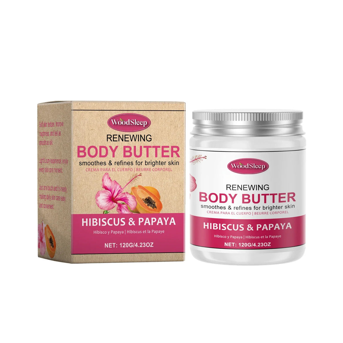 WoodSleep renewing body butter hibiscus & papaya jar beside its box 120g on Tampa Home & Garden Store