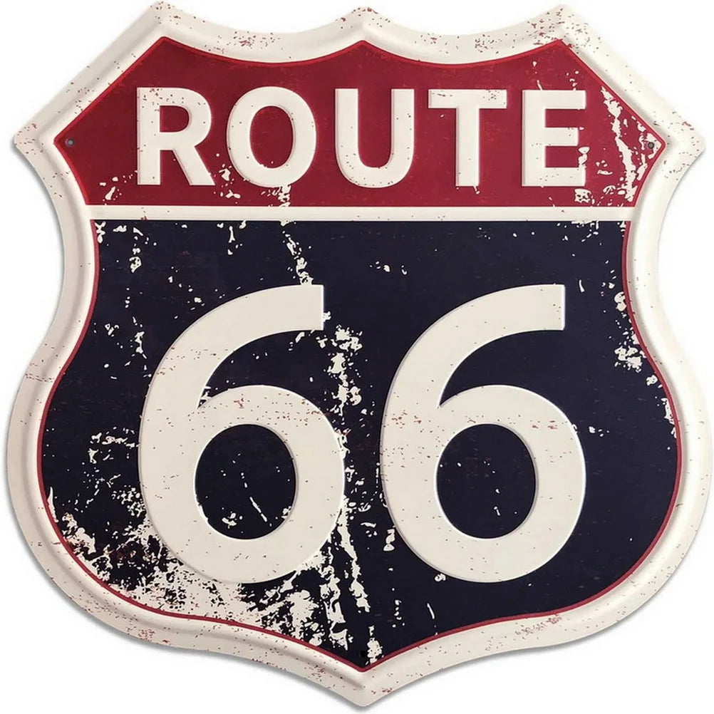 Route 66 shield metal tin sign with distressed red top and navy background showing white 66 on Tampa Home & Garden Store