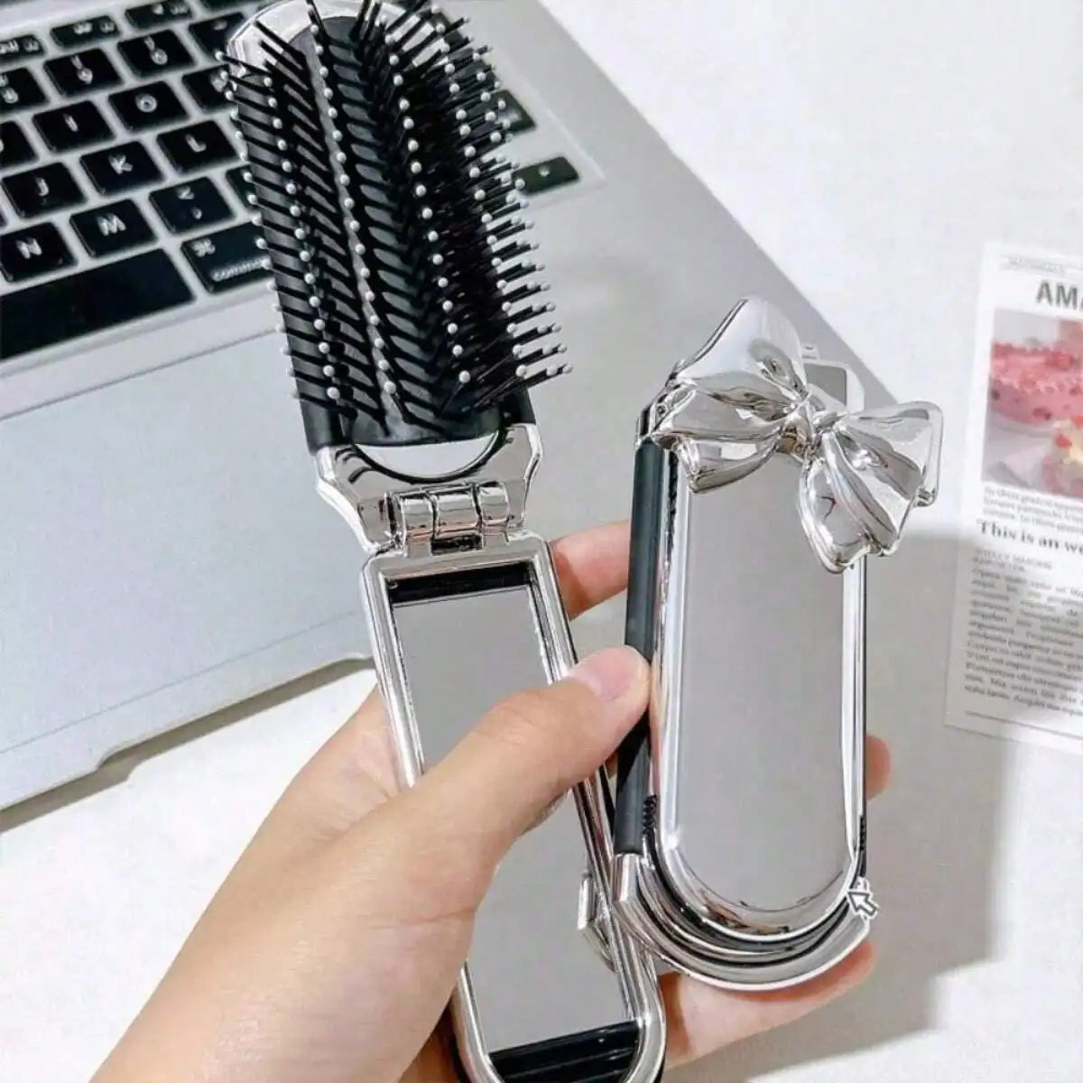 2pc Silcy Skin compact comb with air cushion and handheld mirror, bow accents silver-tone on Tampa Home & Garden Store