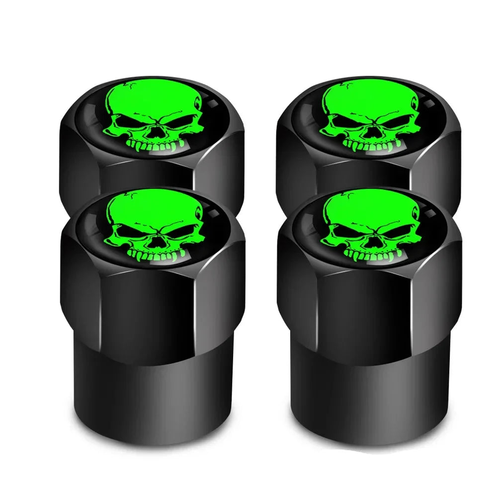 4-piece valve stem caps set by BikerZoneZ, black with neon green skull logo on Tampa Home & Garden Store