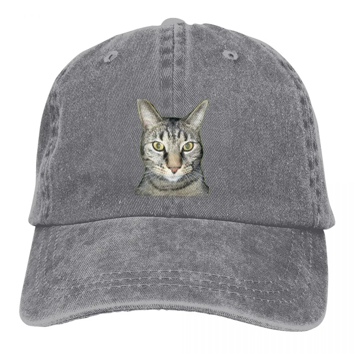 Tabby Cat Caps gray distressed denim baseball cap with embroidered tabby face by BikerZoneZ on Tampa Home & Garden Store
