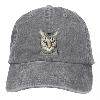 Tabby Cat Caps gray distressed denim baseball cap with embroidered tabby face by BikerZoneZ on Tampa Home & Garden Store