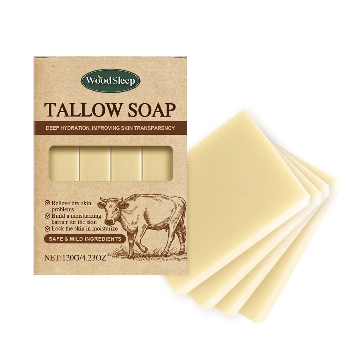 Grass-fed beef tallow soap bar by WoodSleep in kraft box with cow drawing; four pale bars visible on Tampa Home & Garden Store