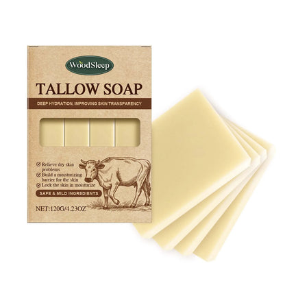 Grass-fed beef tallow soap bar by WoodSleep in kraft box with cow drawing; four pale bars visible on Tampa Home & Garden Store