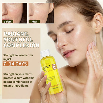 MAYJAM Vitamin E oil with label; model applying skincare with before/after skin closeups on Tampa Home & Garden Store