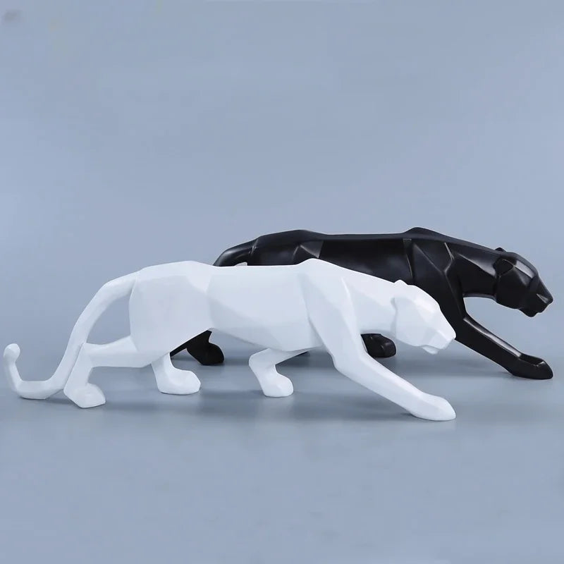 Perfecsy pair of white and black resin panther statues, abstract geometric leopard sculptures on Tampa Home & Garden Store