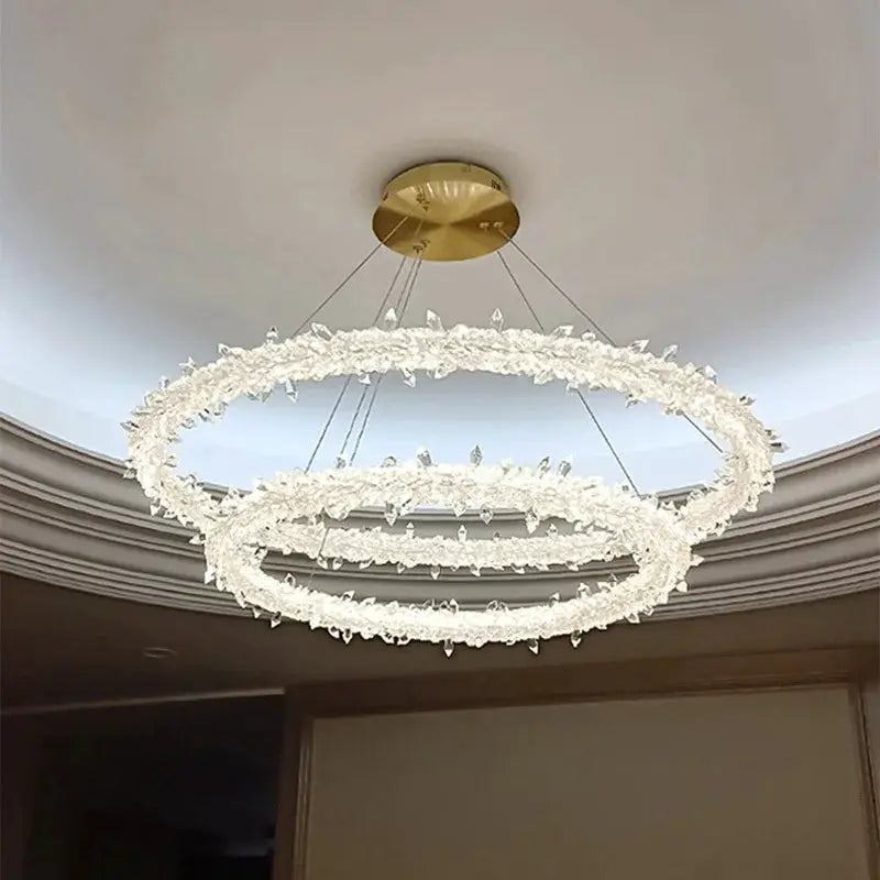 DecorBites Luxe Crystal Circle LED Pendant Light chandelier, crystal rings, dimmable on Tampa Home & Garden Store