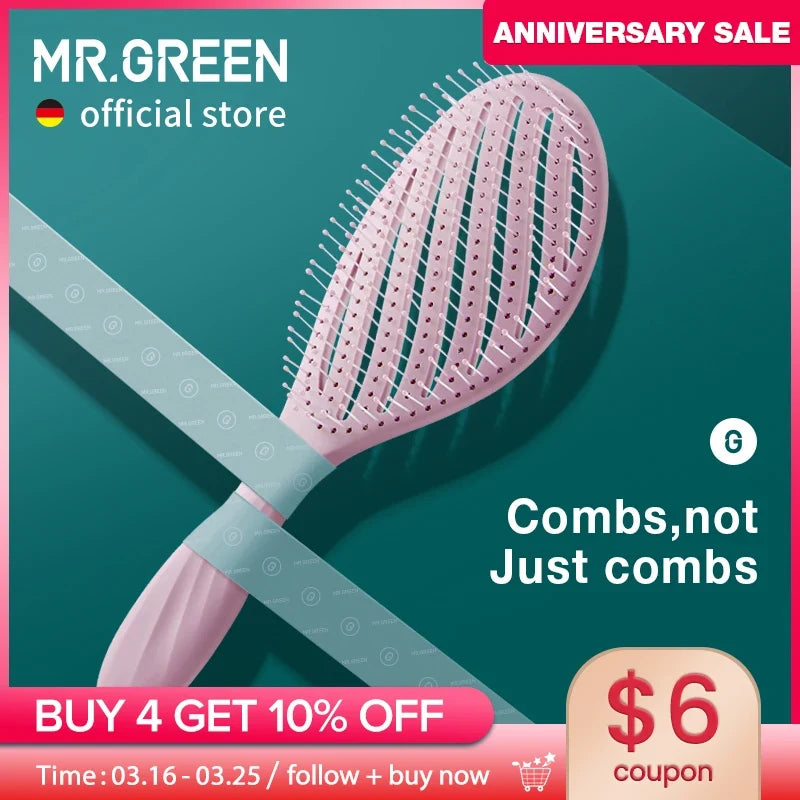MR.GREEN pink hollowout hair brush with scalp-massage combs for detangling curly hair on Tampa Home & Garden Store