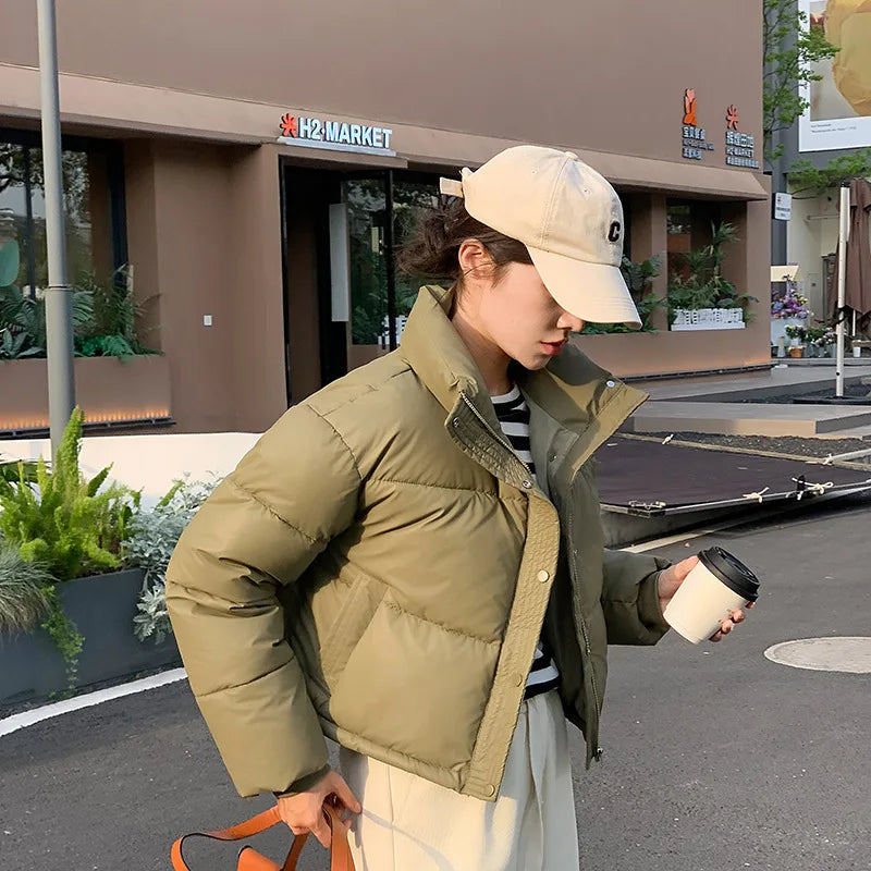 Women winter cropped puffer jacket olive cotton-padded warm coat UpTrend Deals on Tampa Home & Garden Store