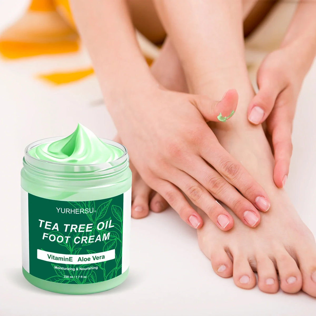 YURHERSU Tea Tree Oil Foot Cream jar with Vitamin E Aloe Vera for dry cracked heels and hands on Tampa Home & Garden Store