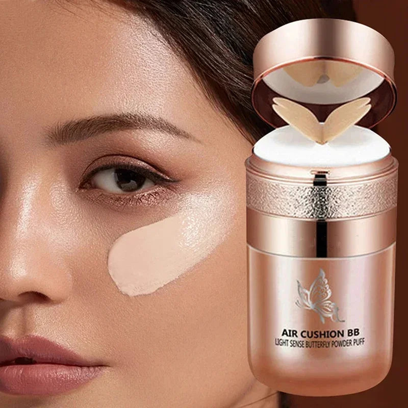 Air Cushion BB Cream by Silcy Skin in rose compact with butterfly puff; foundation on cheek on Tampa Home & Garden Store