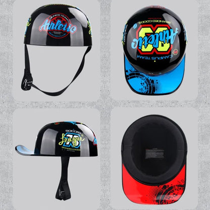 Vintage half helmet set by BikerZoneZ, four black designs with athletic and league graphics on Tampa Home & Garden Store