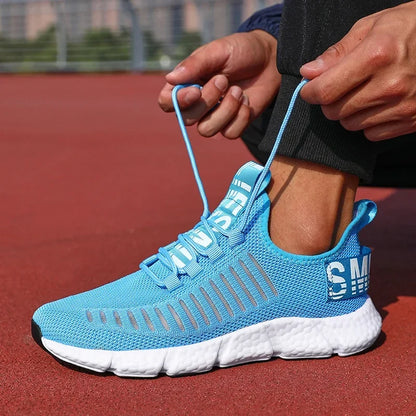 EstaliosFit training sneakers in blue breathable mesh, knitted upper with white sole on Tampa Home & Garden Store