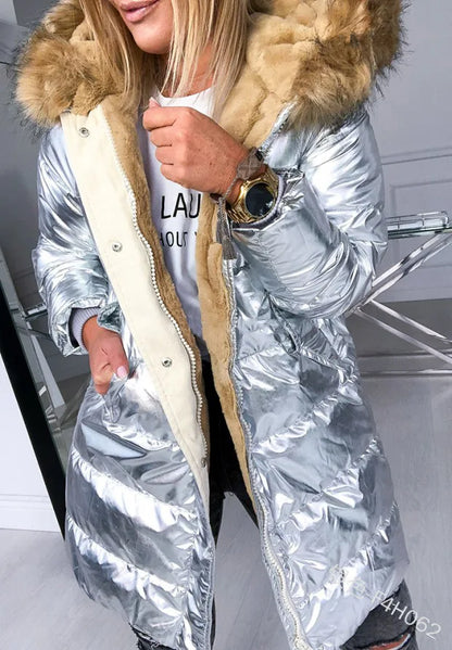 Women's silver metallic puffer jacket with beige faux fur collar UpTrend Deals on Tampa Home & Garden Store