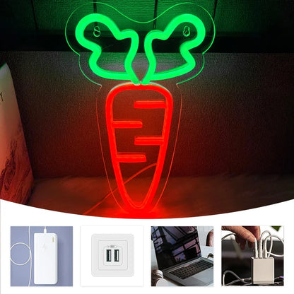 Carrot LED neon sign wall art in red carrot with green leaves, USB powered, Perfecsy decor on Tampa Home & Garden Store