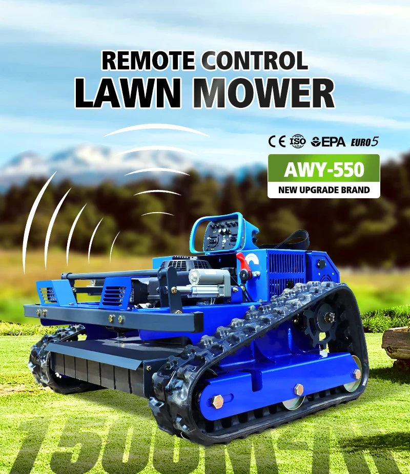 Self-propelled remote-control lawn mower blue tracked chassis by UpTrend Deals for small gardens on Tampa Home & Garden Store
