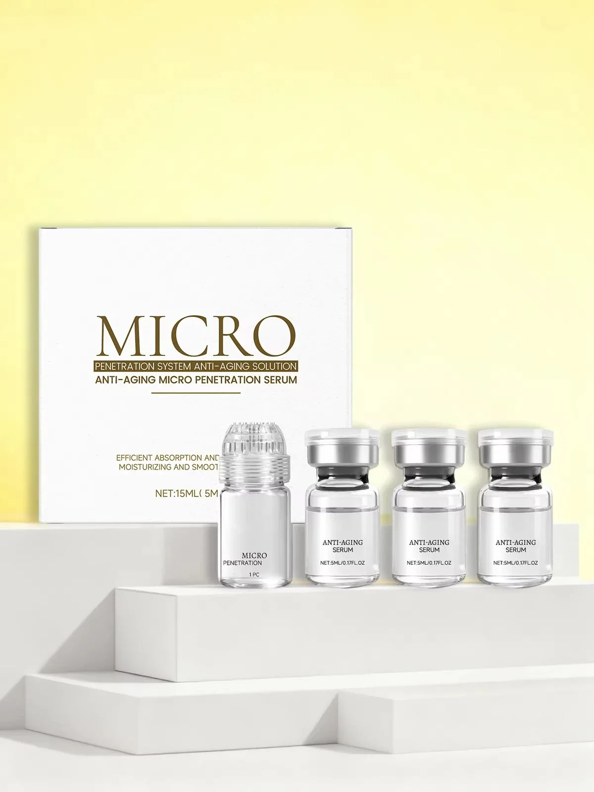 Collagen Anti-Wrinkle Essence Set by Silcy Skin, four clear glass serums with silver caps beside a white box on Tampa Home & Garden Store