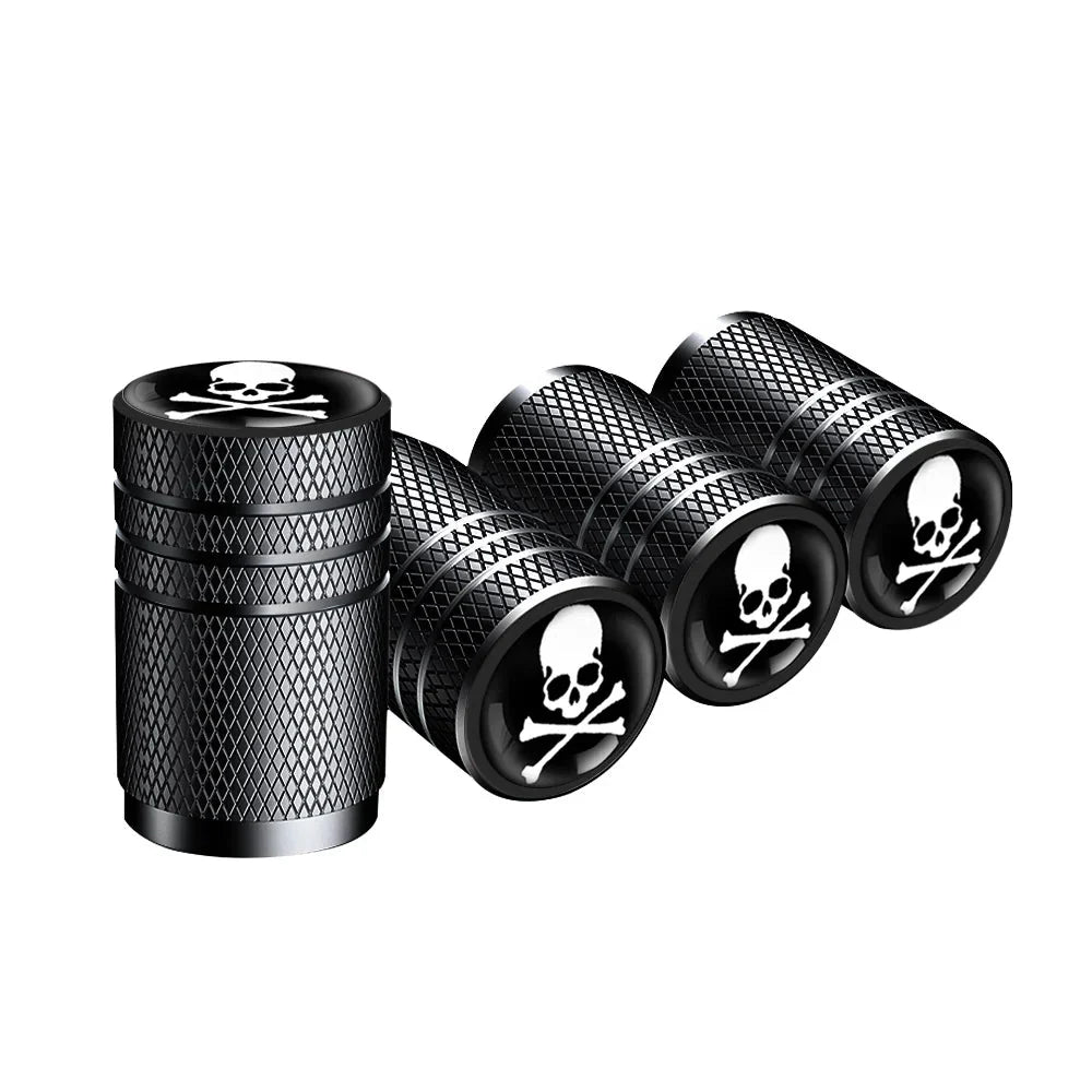 4pc skull valve caps set, black knurled metal caps with white skull emblem, BikerZoneZ on Tampa Home & Garden Store