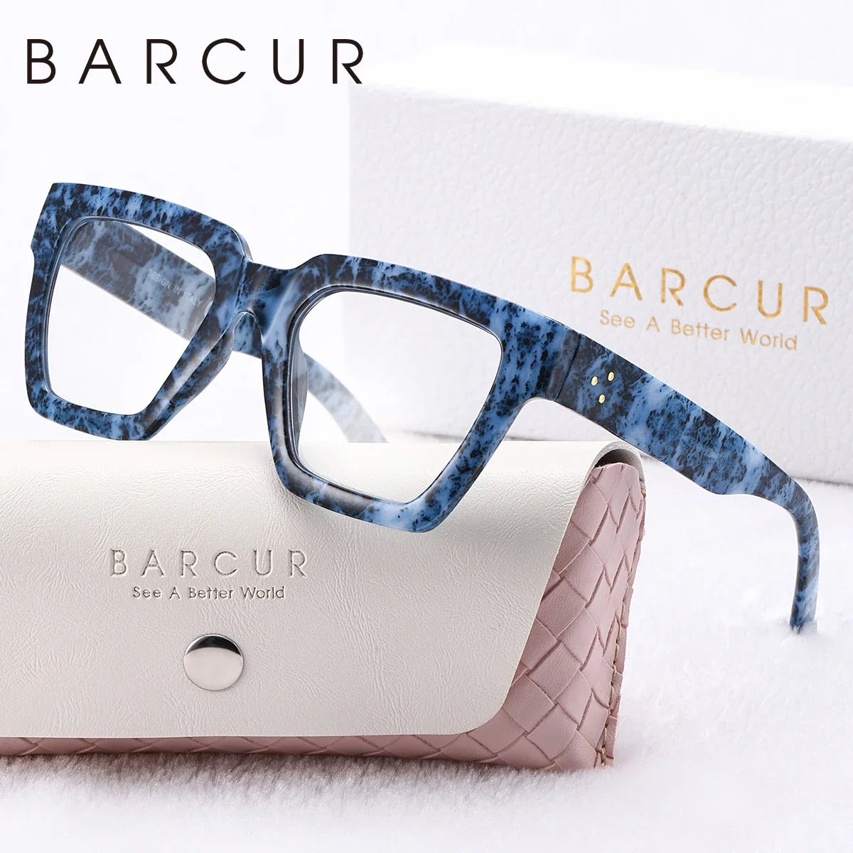 BARCUR blue marbled square frame reading glasses with blue light blocking, gift box on Tampa Home & Garden Store