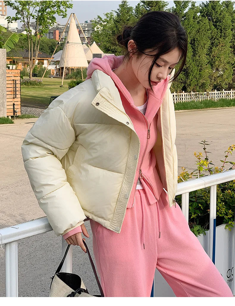 Women Winter Cropped Jacket – cream padded puffer coat with pink hoodie, UpTrend Deals on Tampa Home & Garden Store
