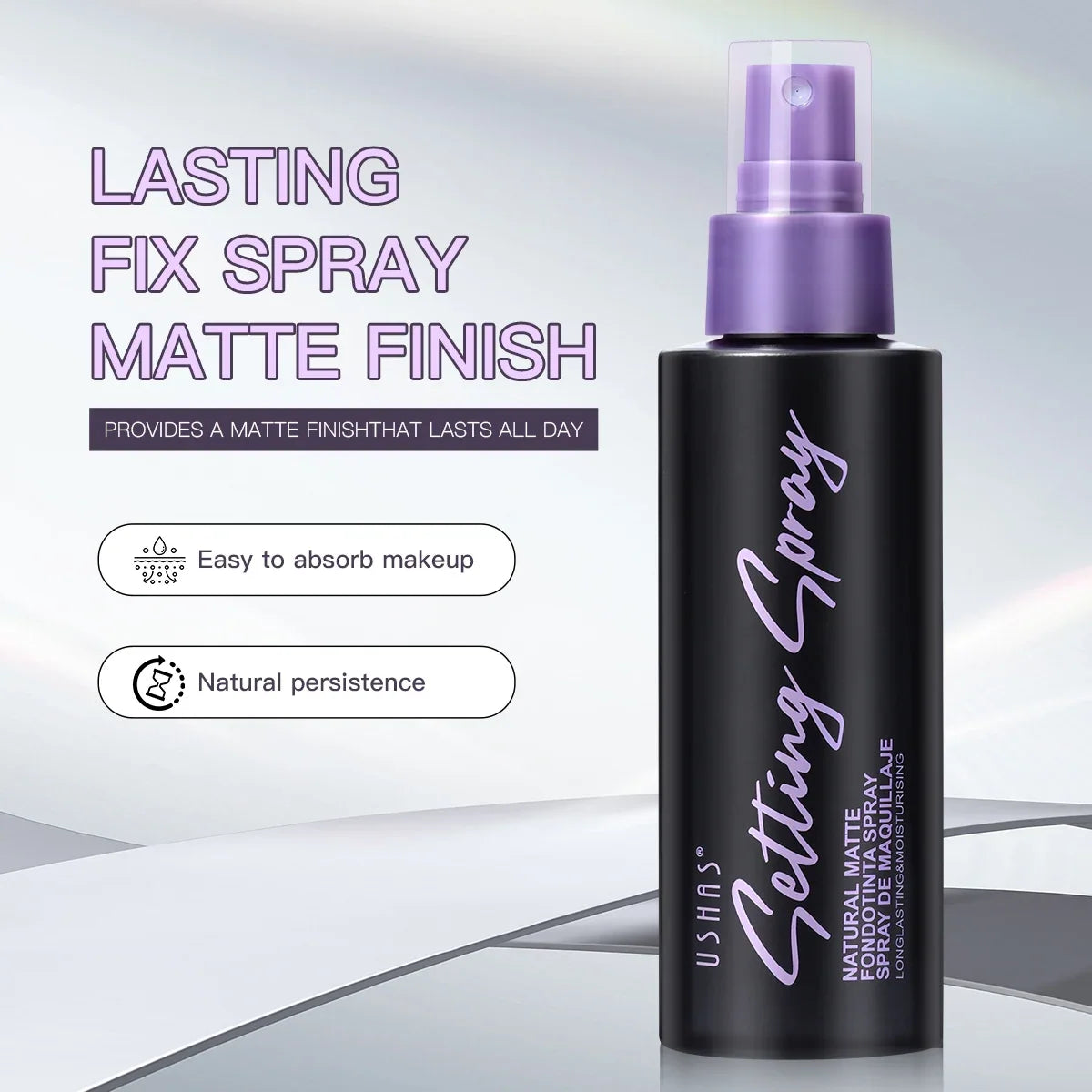 USHAS Waterproof Setting Spray bottle with purple pump, matte finish by Silcy Skin on Tampa Home & Garden Store