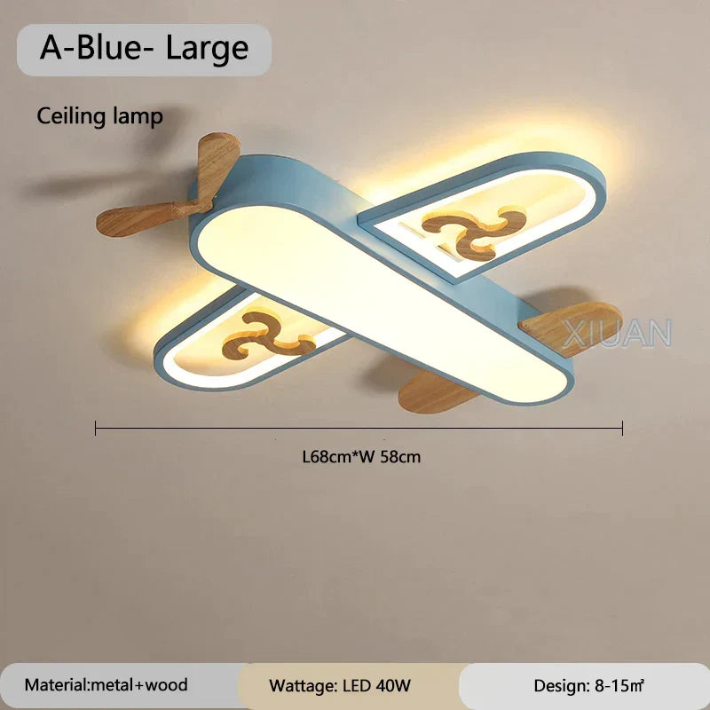 DecorBites Kids Airplane Pendant Light, blue metal frame with wood propellers, LED ceiling lamp on Tampa Home & Garden Store
