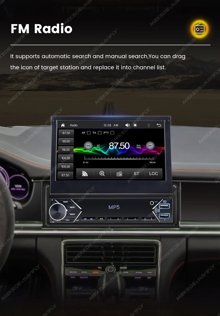 1-DIN 7in retractable car stereo with touchscreen MP5 and CarPlay, black dash unit on Tampa Home & Garden Store