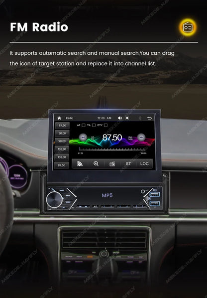 1-DIN 7in retractable car stereo with touchscreen MP5 and CarPlay, black dash unit on Tampa Home & Garden Store