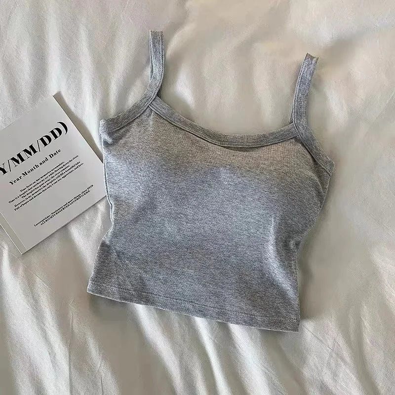 Women crop top gray sleeveless camisole with thin straps in ribbed knit fabric on Tampa Home & Garden Store