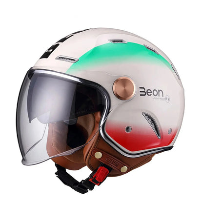 Retro motorcycle helmet in white with green stripe and red accent, copper dial, clear visor on Tampa Home & Garden Store