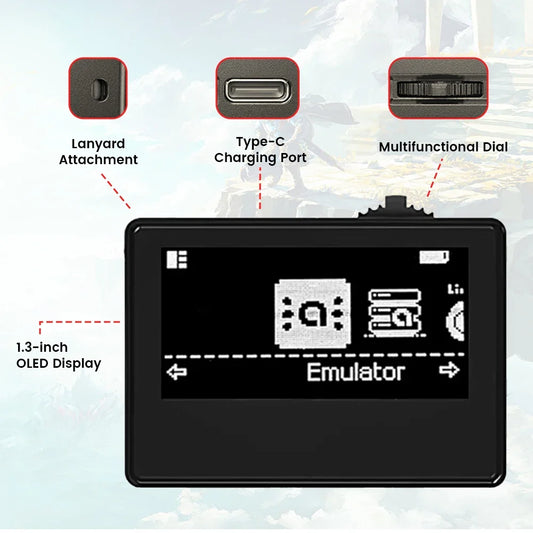 Amiibo emulator handheld with 1.3-inch OLED display, Type-C charging port, and lanyard attachment on Tampa Home & Garden Store