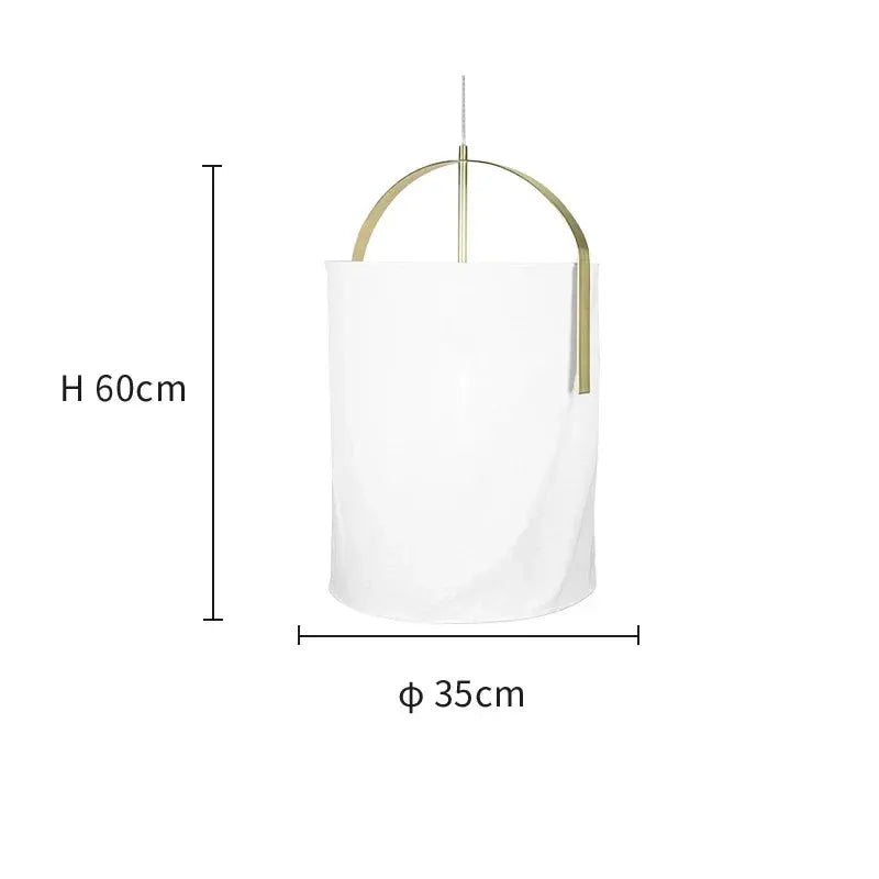 DecorBites linen cloth pendant light white shade with brass arc frame, 60cm tall, 35cm dia on Tampa Home & Garden Store