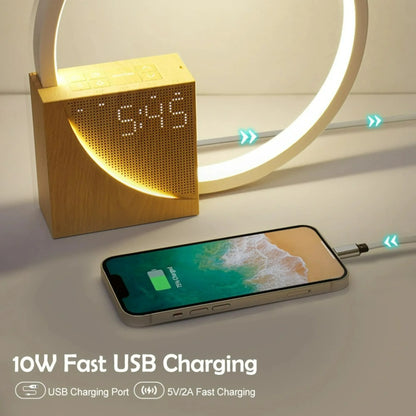 Perfecsy alarm clock with circular LED ring light, wooden body, digital display and USB phone charging on Tampa Home & Garden Store