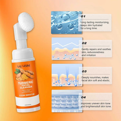 Turmeric facial cleanser with brush in orange SAUVASINE bottle and lemon fruit extract on Tampa Home & Garden Store
