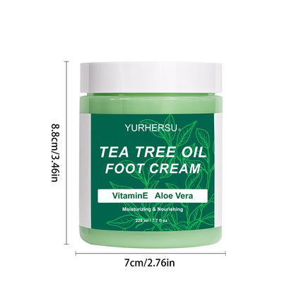 YURHERSU Tea Tree Oil Foot Cream in green jar with white lid; Vitamin E Aloe Vera on Tampa Home & Garden Store