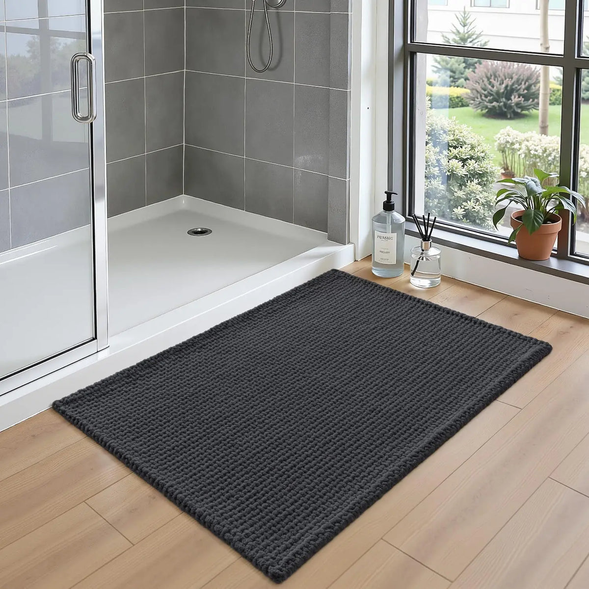 Bath mat Silcy Skin 24x36 non-slip washable absorbent chenille dark charcoal before shower on Tampa Home & Garden Store