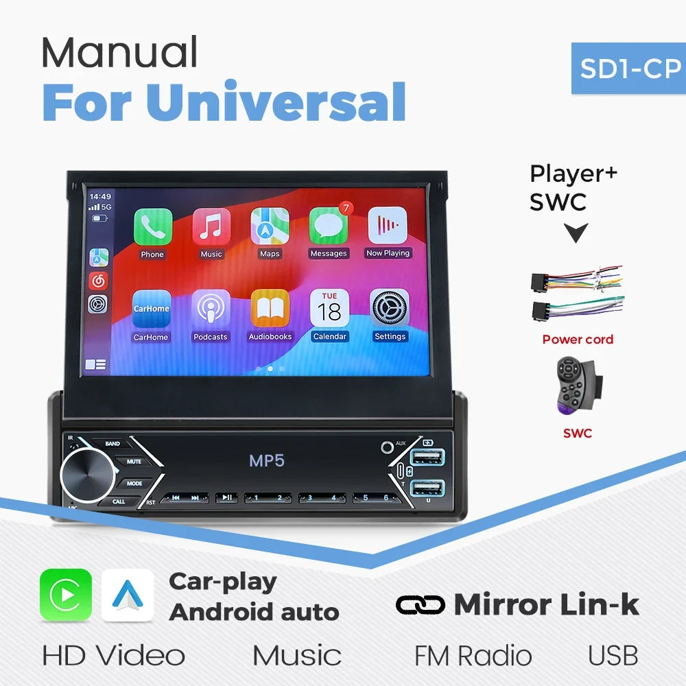 1-DIN 7in retractable car stereo MP5 touch screen with CarPlay & Android Auto USB UpTrend Deals on Tampa Home & Garden Store