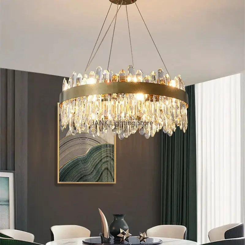 DecorBites Luxe Crystal Chandelier gold ring with crystal prisms pendant light JANK on Tampa Home & Garden Store