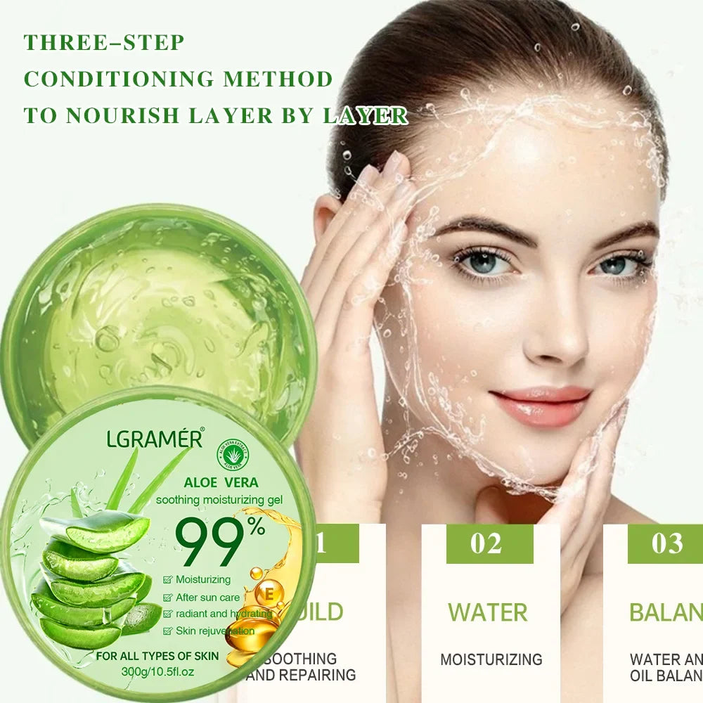 LGRAMER Aloe Vera soothing moisturizing gel 99% in green jar with aloe slices on Tampa Home & Garden Store