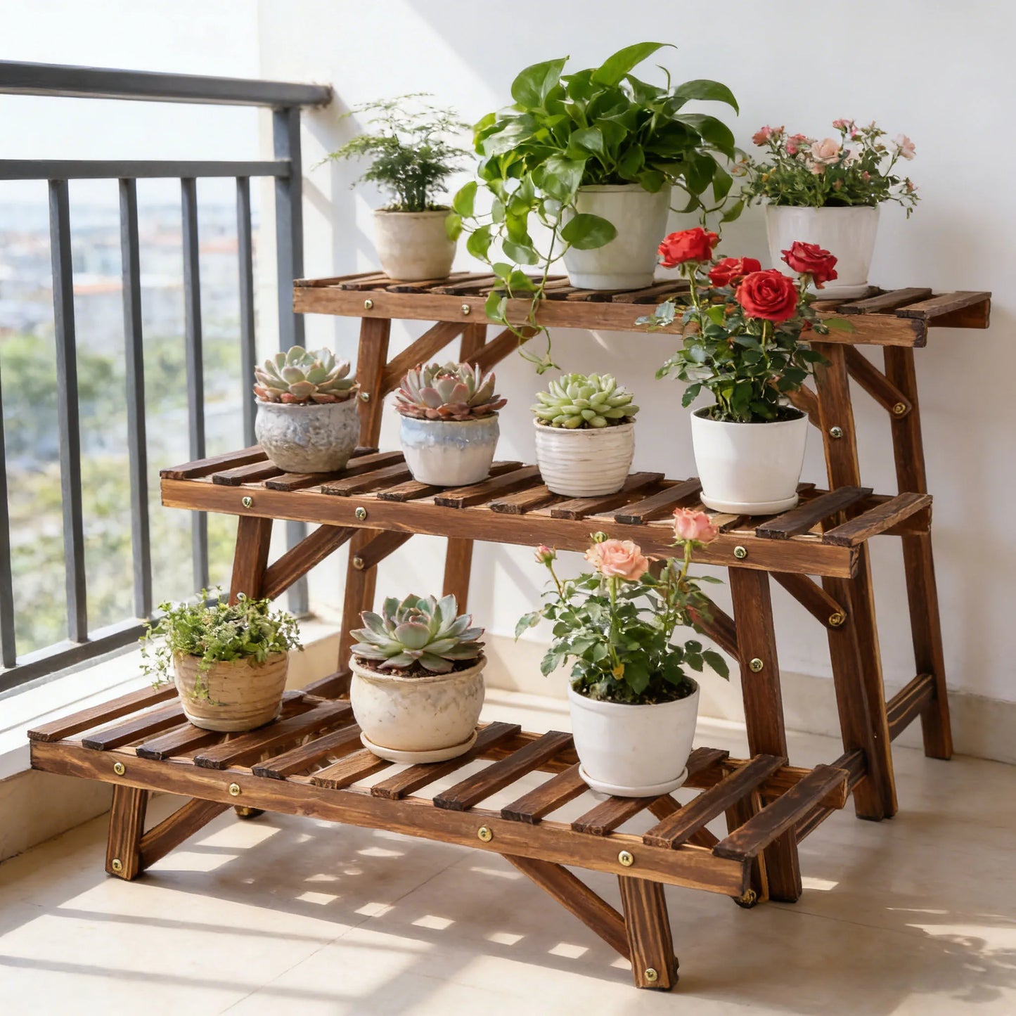 3 Tier Wood Plant Stand For Living Room And Patio