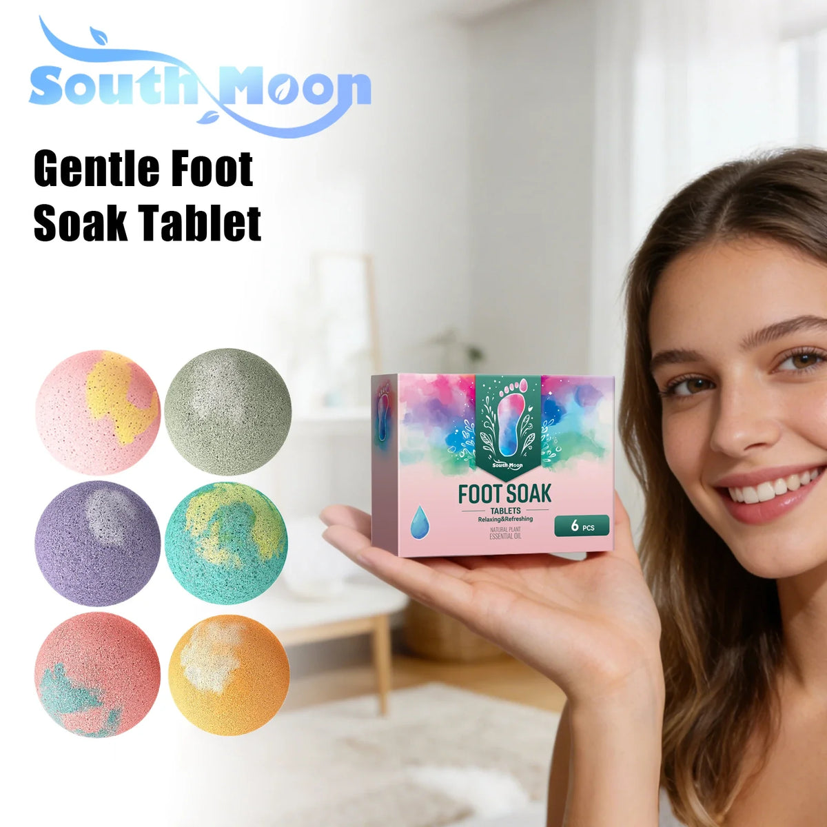 Foot soak tablets by Silcy Skin from South Moon, colorful bath bombs with pink box on Tampa Home & Garden Store