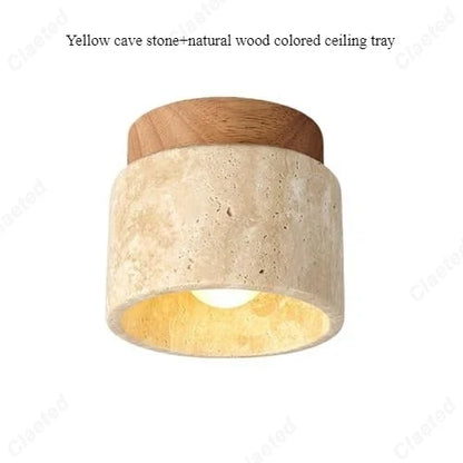 Ceiling lamp LED, cream stone shade with natural wood top, warm yellow light on Tampa Home & Garden Store