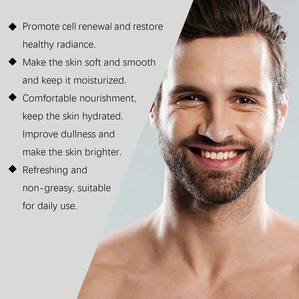 Men's retinol serum Silcy Skin banner featuring a smiling man beside a benefit text panel on Tampa Home & Garden Store