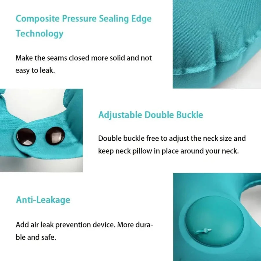 Turquoise inflatable neck pillow with flocked surface, double buckle and anti-leak valve on Tampa Home & Garden Store