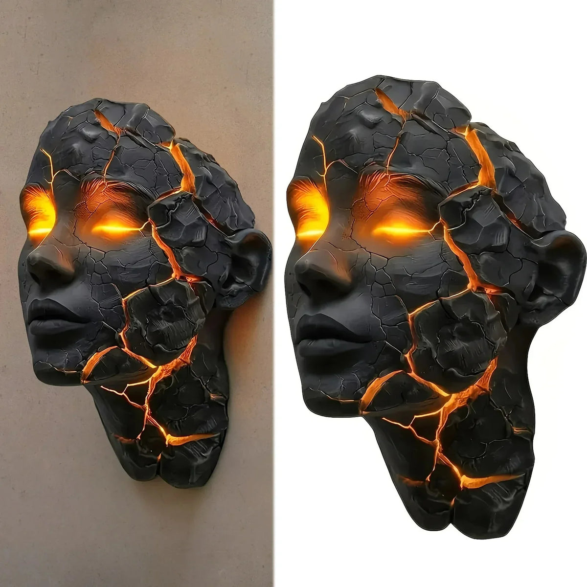 Cracked Soul wall lamp sculpture in dark resin with glowing orange lava veins by Perfecsy decor on Tampa Home & Garden Store