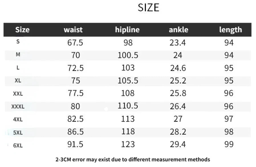 Men wide leg jeans size chart by UpTrend Deals showing waist, hipline, ankle, length S-6XL on Tampa Home & Garden Store