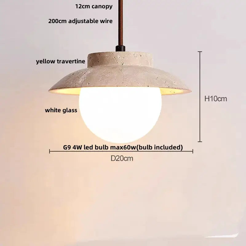 DecorBites LED pendant lamp hanging light with yellow travertine canopy and white glass shade on Tampa Home & Garden Store