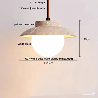 DecorBites LED pendant lamp hanging light with yellow travertine canopy and white glass shade on Tampa Home & Garden Store