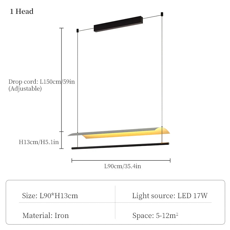 DecorBites iron kitchen island pendant light, 1 head, slim black bar with warm LED glow on Tampa Home & Garden Store